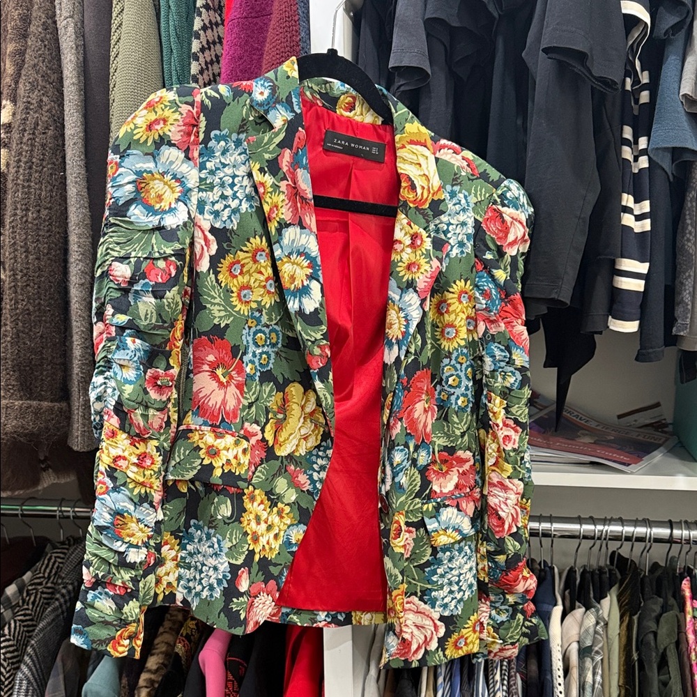 Zara Multicolor Floral Blazer with Red Lining
